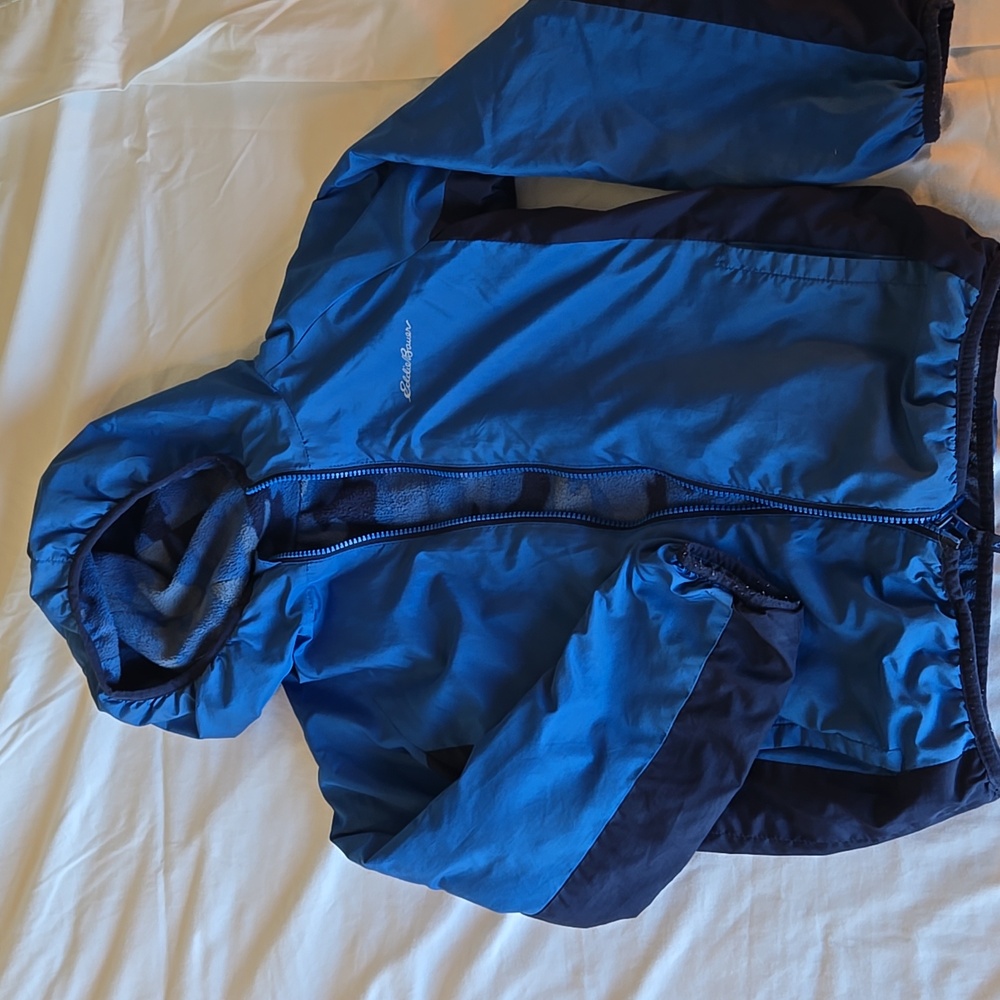 Eddie Bauer Reversible Blue Jacket with Camo Fleece Lining, Size Small (7/8) GUC